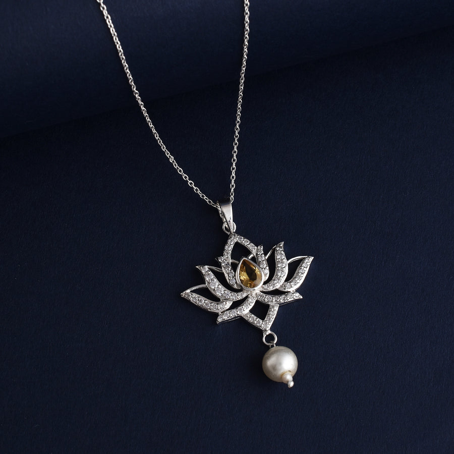 Lotus Royal Citrine Cz Silver Pearl Pendant