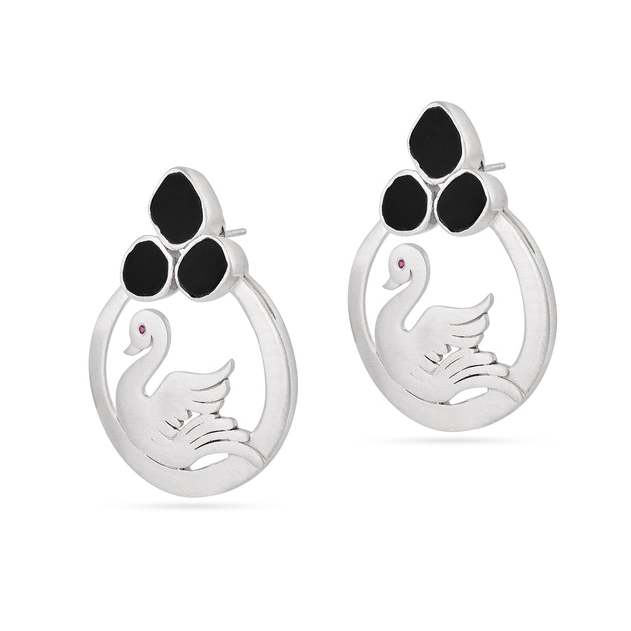 Matt Silver Swan Earrings with Black Onyx3