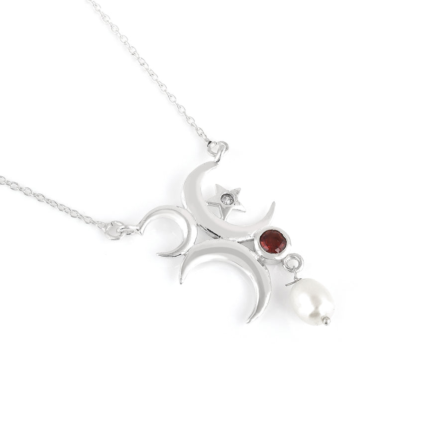 Moon Red Garnet Silver Pearl Pendant with Chain2