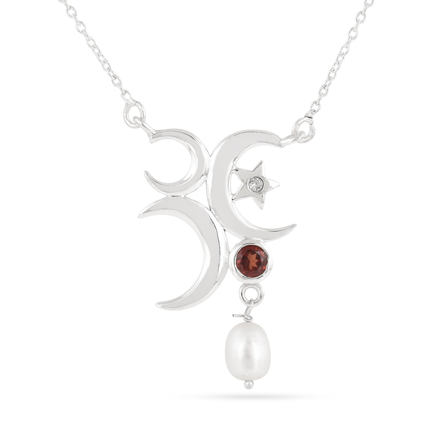 Moon Red Garnet Silver Pearl Pendant with Chain5