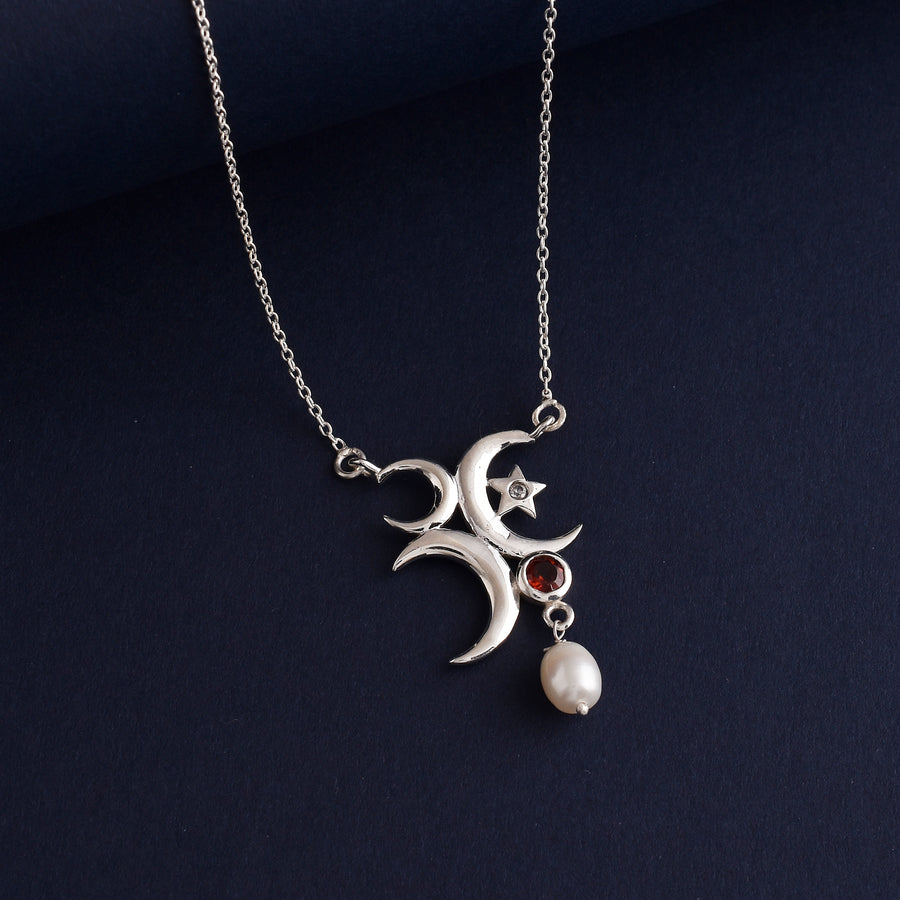 Moon Red Garnet Silver Pearl Pendant with Chain