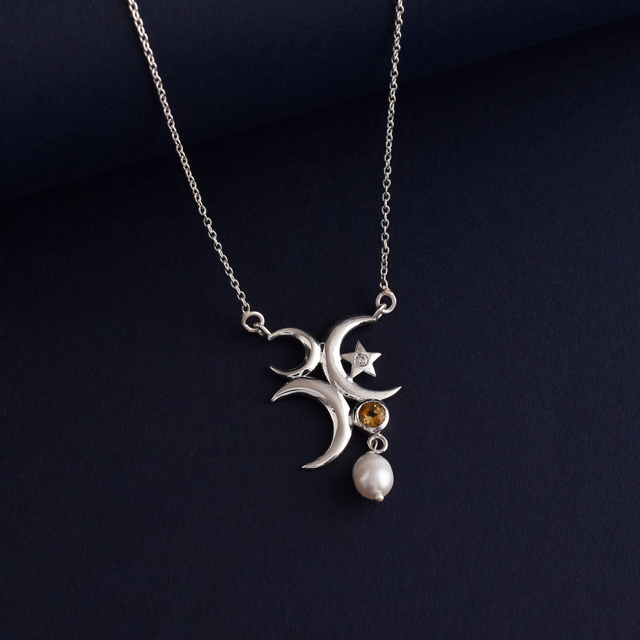 Moon with Citrine Stone Silver Pearl Pendant