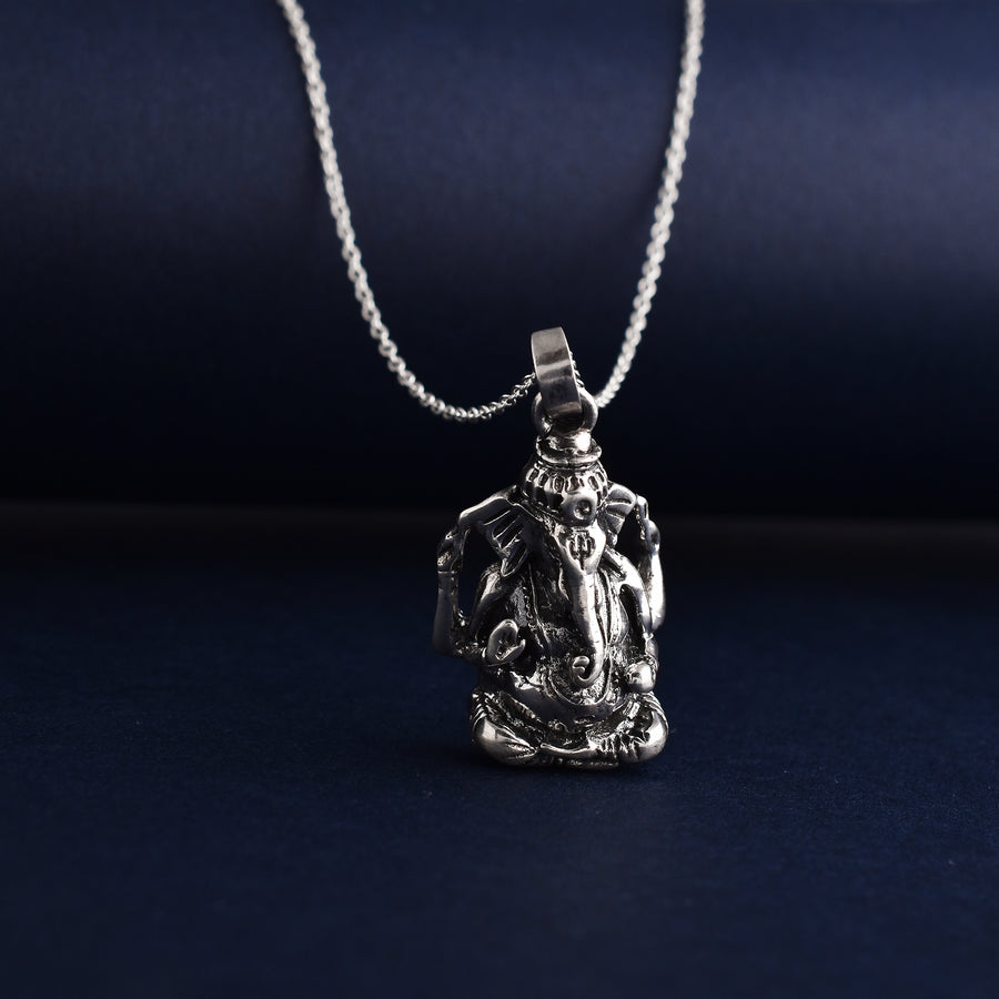 Oxidized Silver Ganesh Idol Pendant with Chain