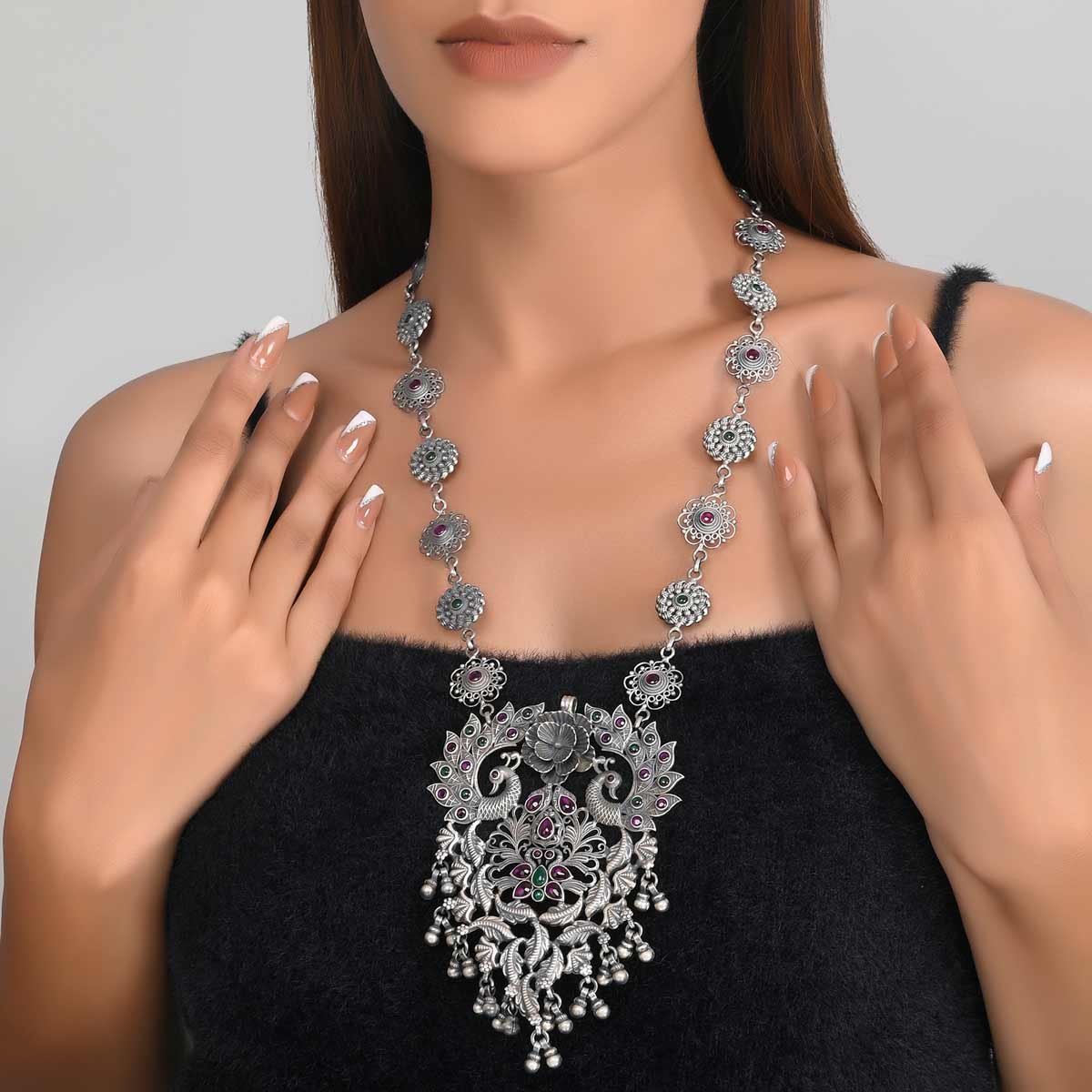 Buy Peacock Design Vintage Oxidized Silver Necklace Online in