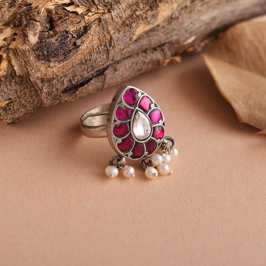 Pink Kundan Pearl Silver Ring