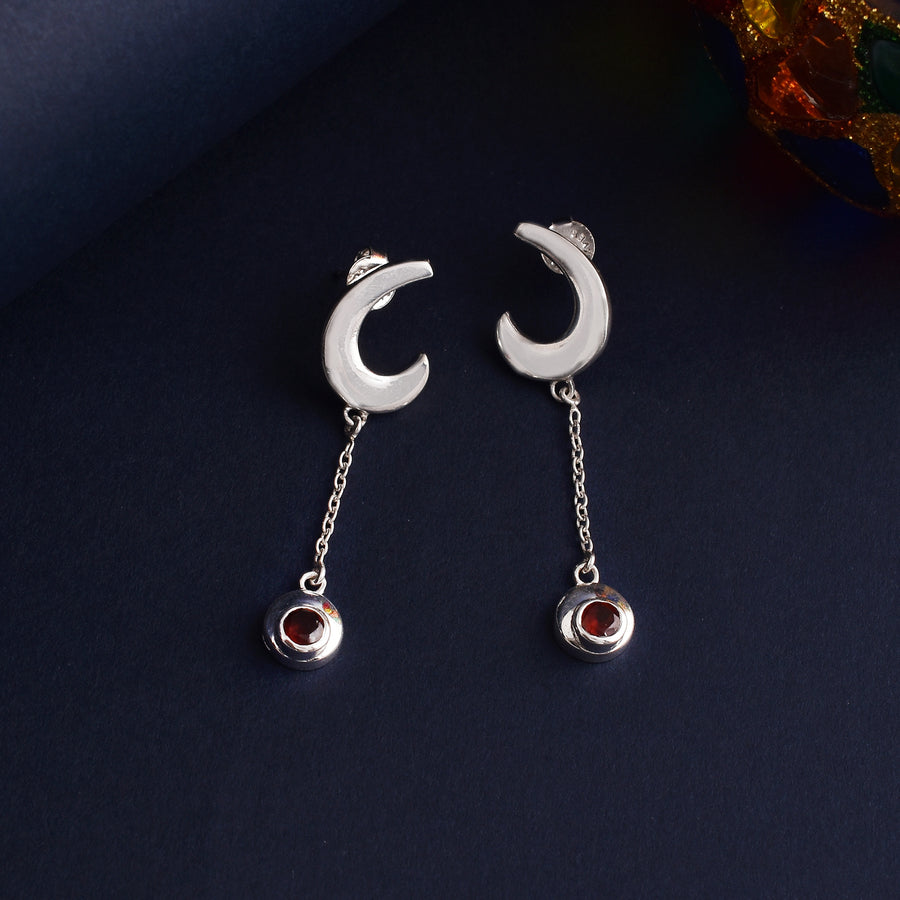 Silver Moon Red Garnet Drop Earrings