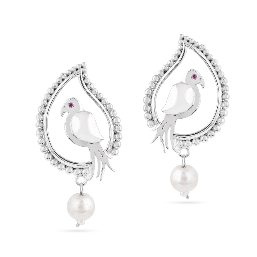 Silver Parrot Chandbali Pearl Earrings