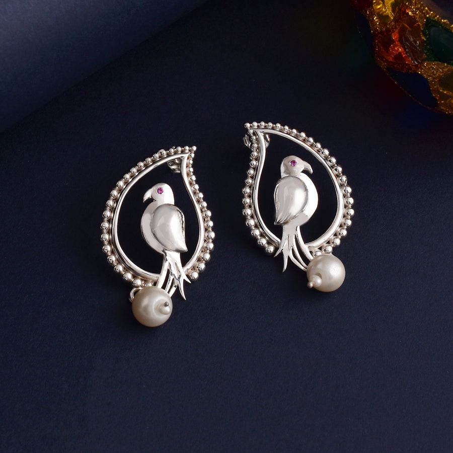 Silver Parrot Chandbali Pearl Earrings