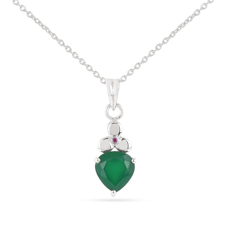 Silver Petal Ever Green Onyx Pendant with Chain