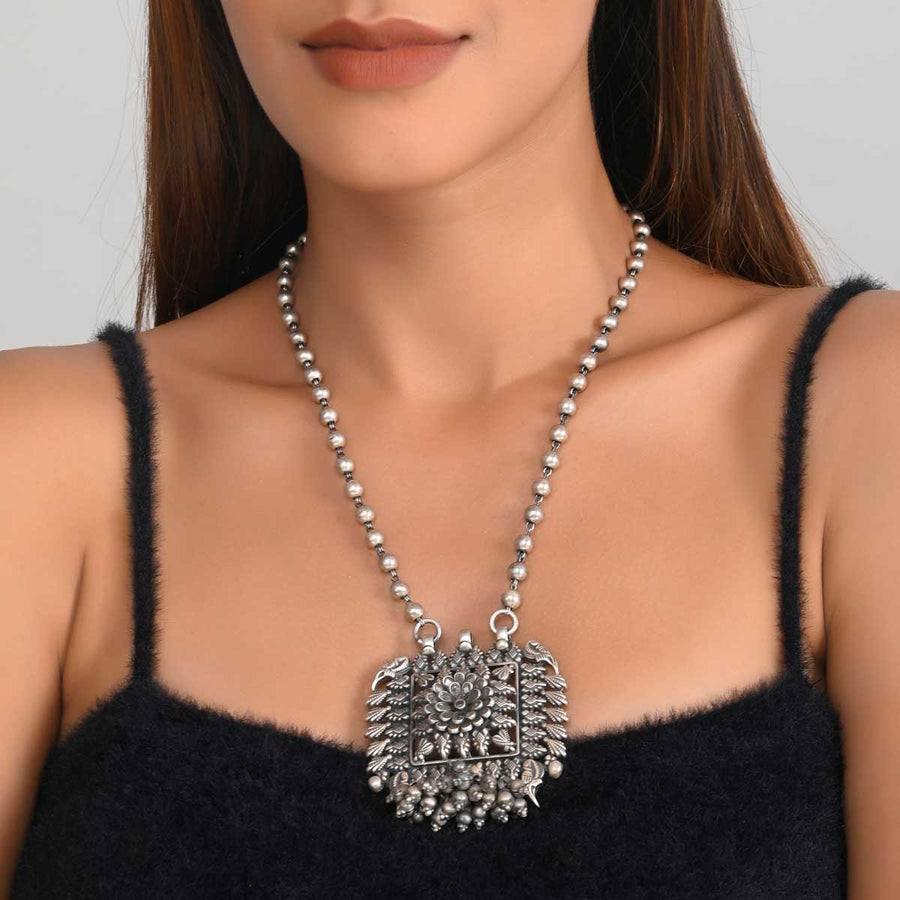 Square Oxidized Silver Pendant Necklace