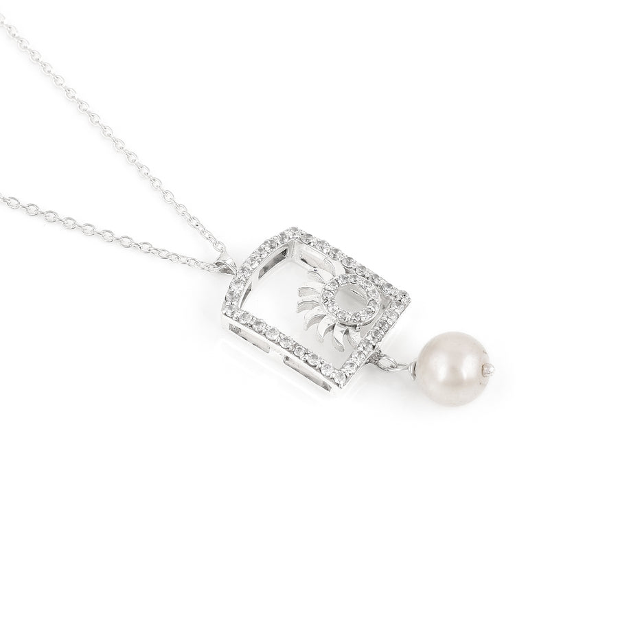 Sun Rise Pearl Silver Cz Pendant Necklace